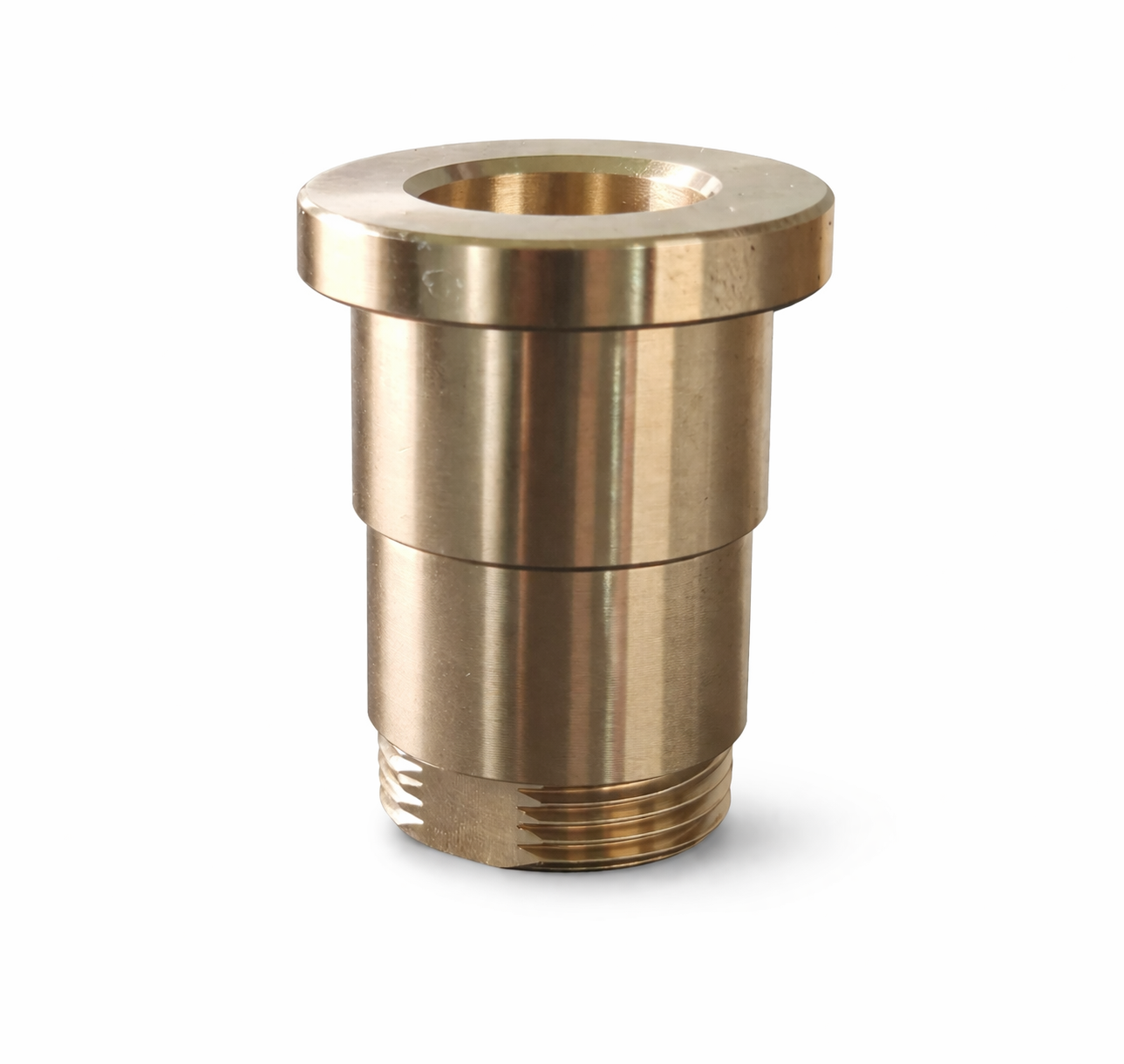 Brass spindle nut with precision machining, threaded base and flanged top, used in industrial valve and mechanical applications.